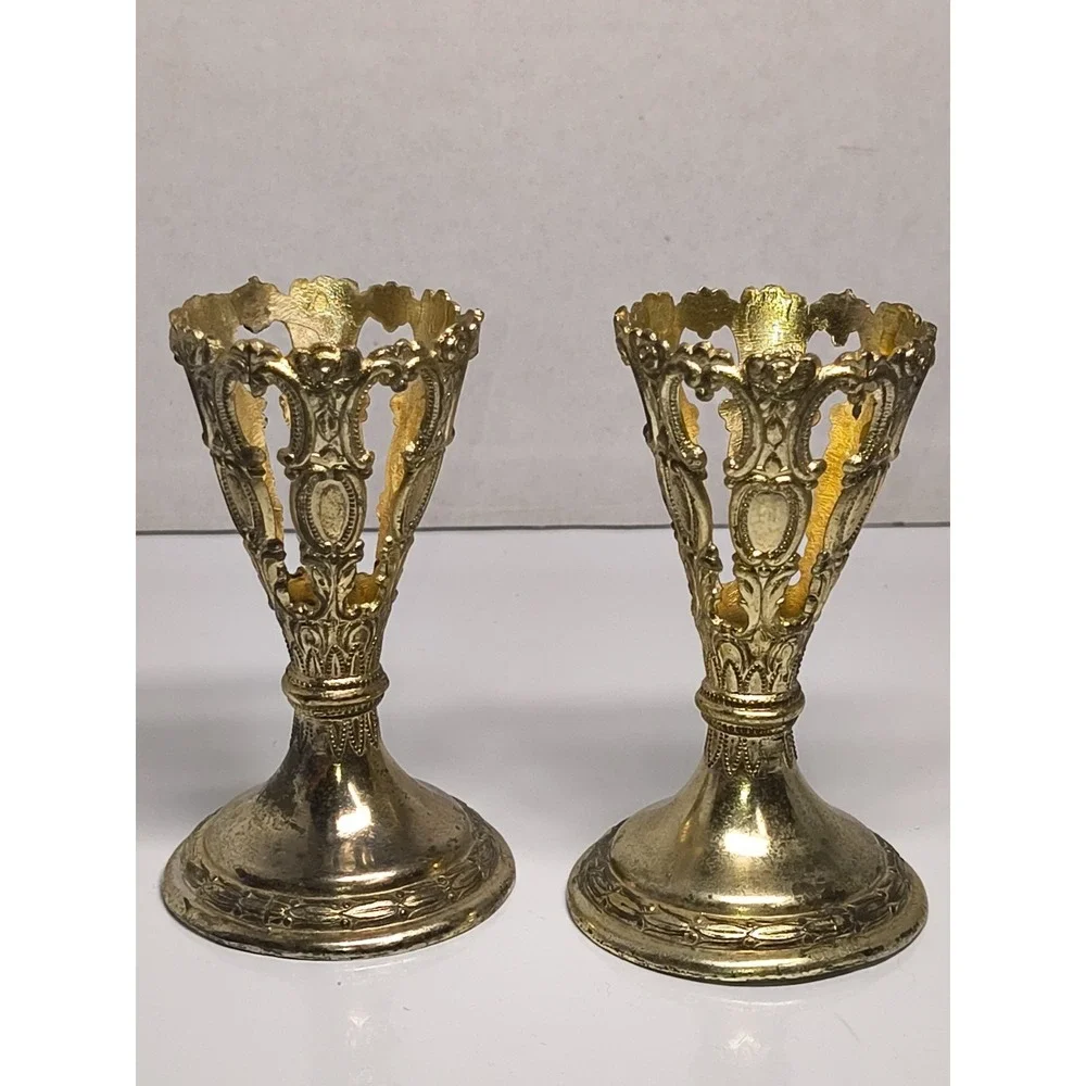 Vintage Cobalt Blue Mini Glass Bud Vase Ornate Metal Stand Set Victorian Style‎